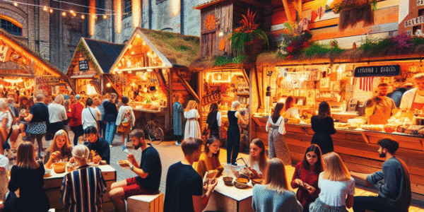 Livlig estisk mathall og kulturhub: mennesker som smaker lokal mat, små stander med håndverk, urban bakgrunn med tre og murstein, varm kveldstemning