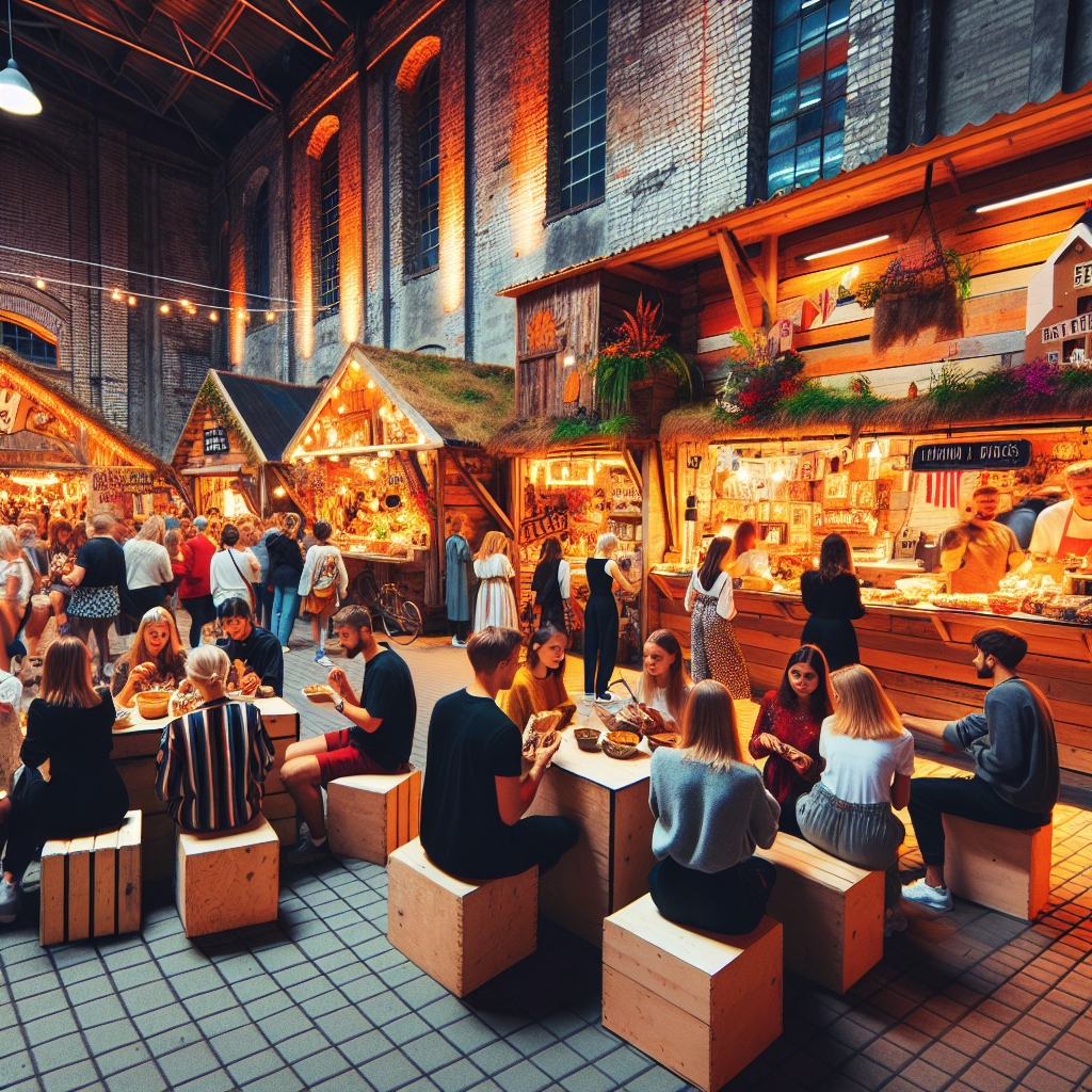 Livlig estisk mathall og kulturhub: mennesker som smaker lokal mat, små stander med håndverk, urban bakgrunn med tre og murstein, varm kveldstemning